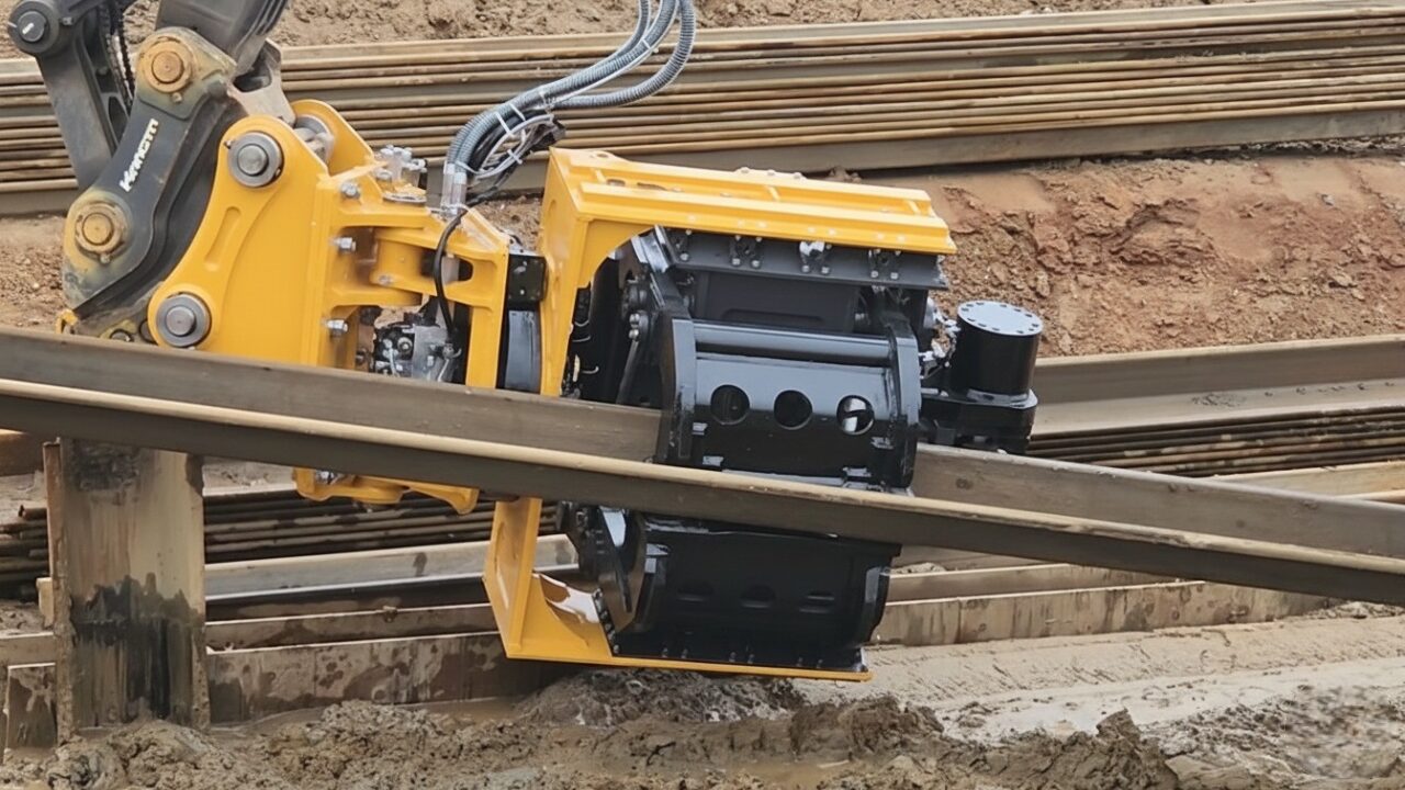 Excavator-mounted vibro hammer driving sheet piles